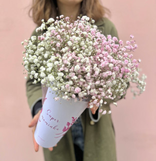 Gypsophilia bouquet in a cone with prints