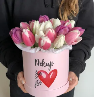 Tulipány v krabici s nápisem Tulipány v krabici s nápisem
