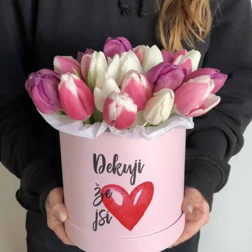 Tulipány v krabici s nápisem Tulipány v krabici s nápisem